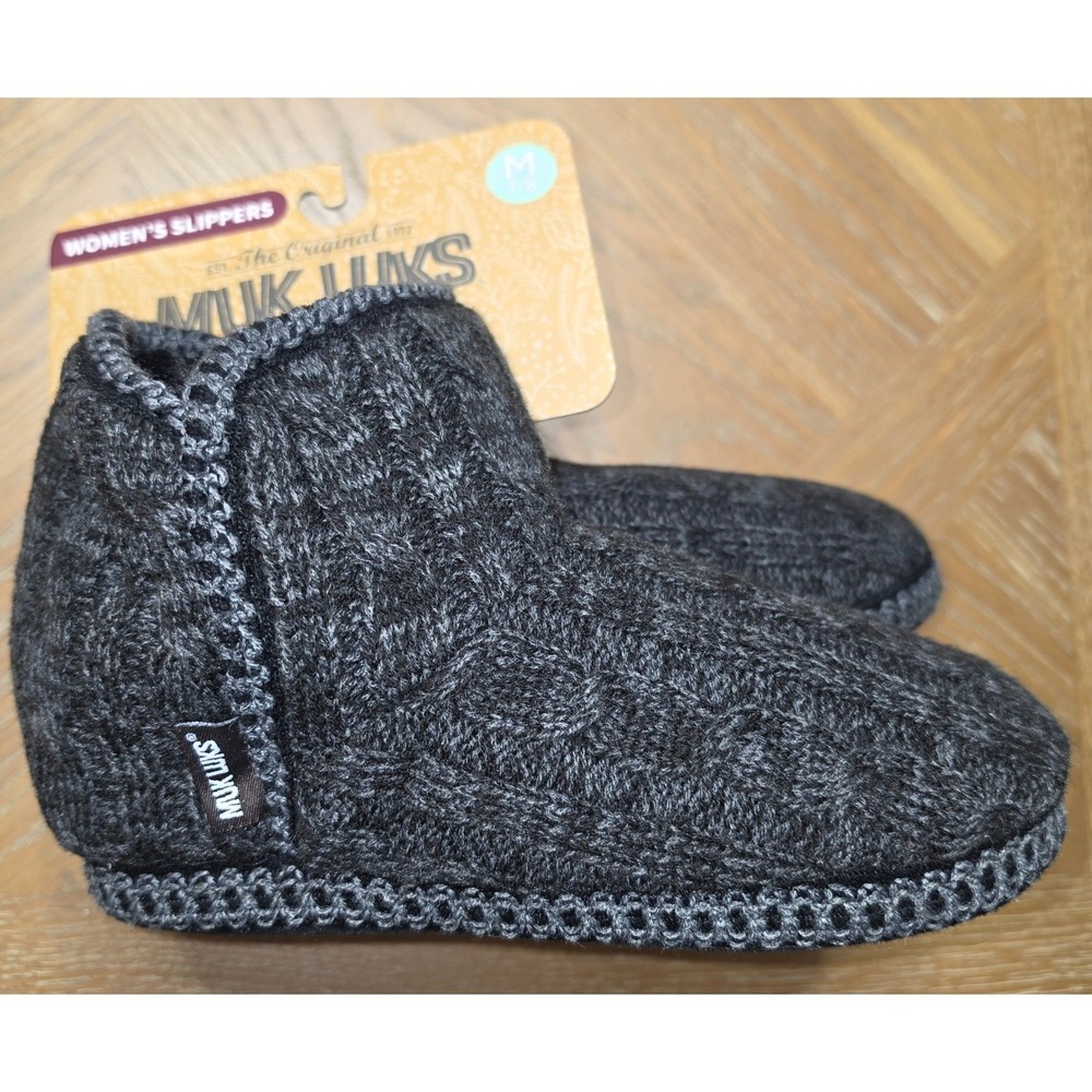 Muk Luks Womens Ebony Dark Grey Heather Cable Knit Slipper Booties Size M 7-8